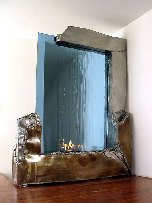 Künstlerisch gestalteter Raumteiler aus Edelstahl, Wasserwand fürs Wohnzimmer