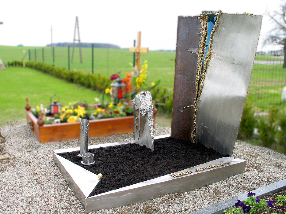 Upright Grave Sculpture. Rusted steel and stainless steel combination. Individual grave lantern and welded vase.