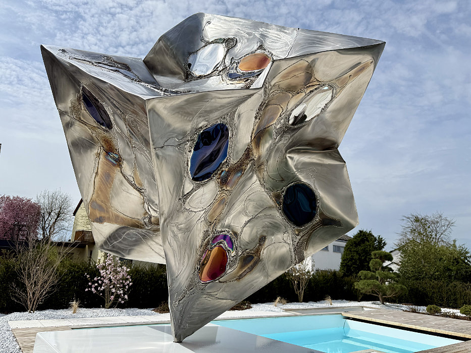 Art in the Garden, Imploded Game Dice 'GAME OVER' of Stainless Steel