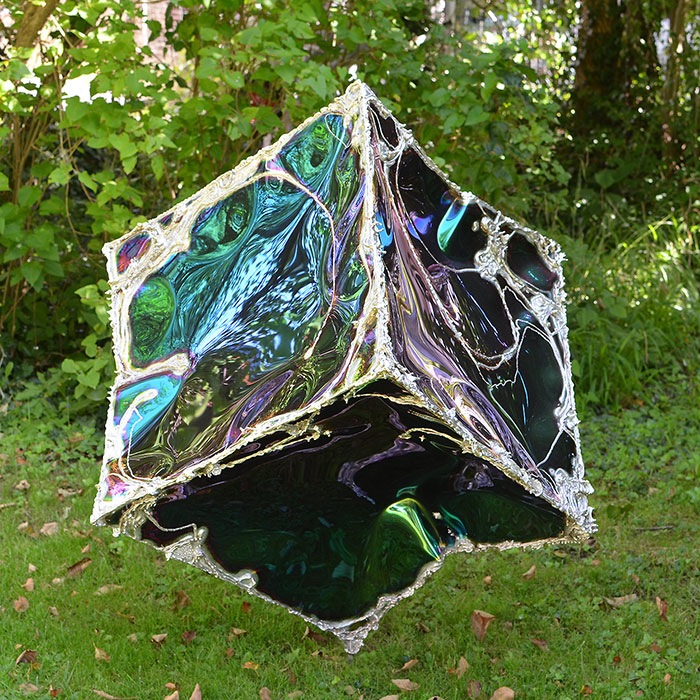 Stainless Steel Garden Sculptures, Imploded Cube with Vegetatively Welded Edges