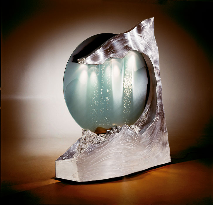 Modern Art Fountain Sculpture, Welded Artwork with a Glas Disk